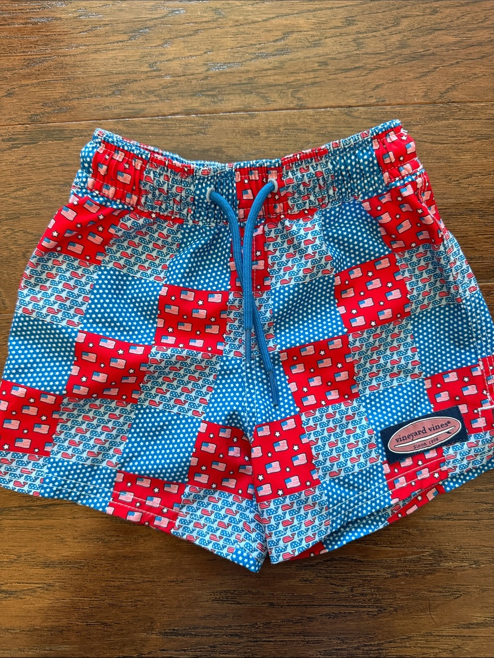 Vineyard Vines Kids Red and Blue Patchwork Swim Shorts